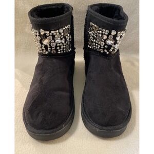 Women's Black Violetta GOGO Slip On Black Suede Rhinestone Fuzzy Boots Size 9